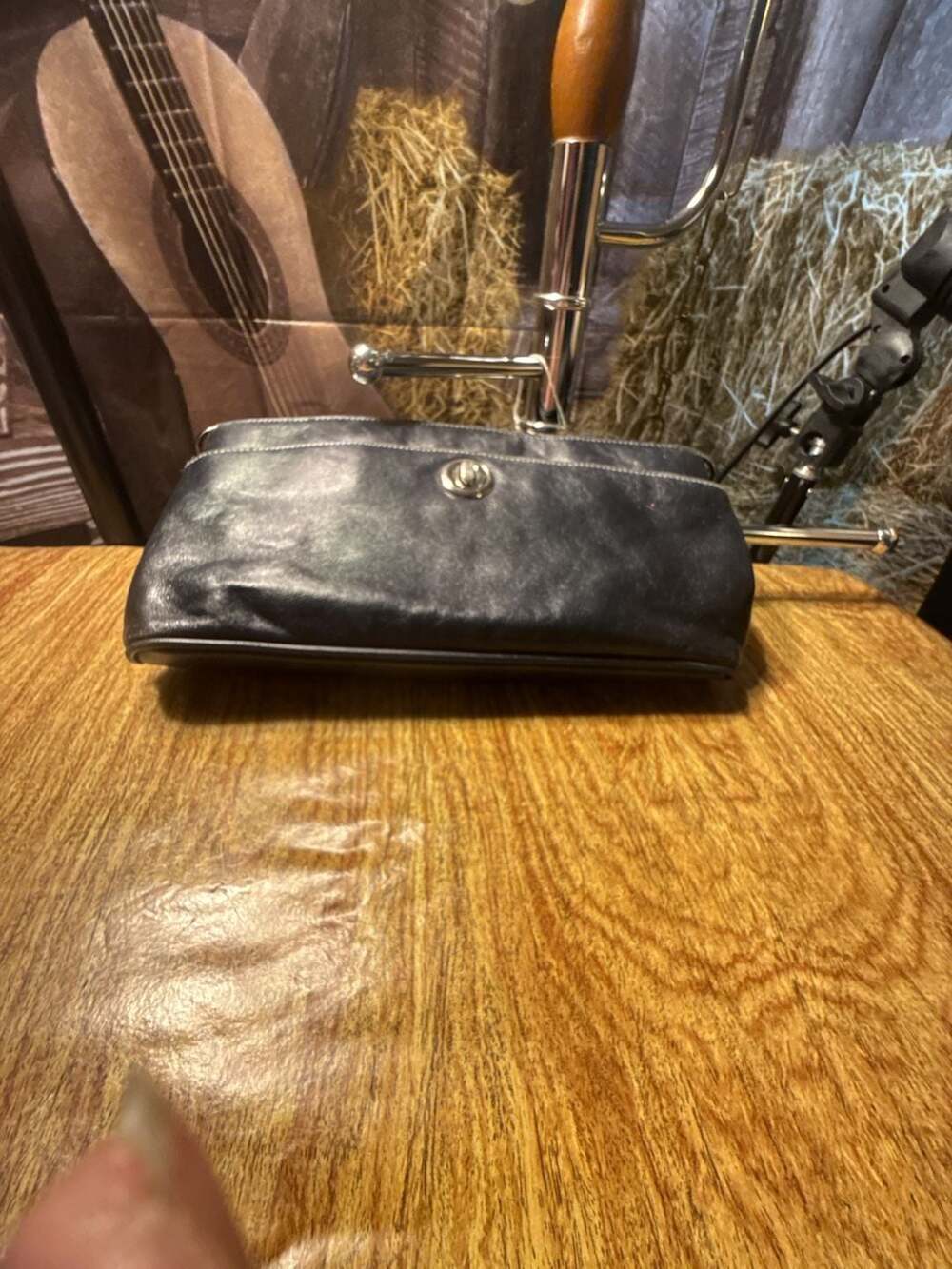 Vintage Marlo Black Leather Turnlock Shoulder Bag with White Topstitching